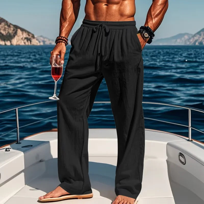 Men's Linen Casual Pants Elastic Drawstring Waist Wide Leg Trousers Summer Breathable Loose Fit Beach Pants Holiday Daily Wear
