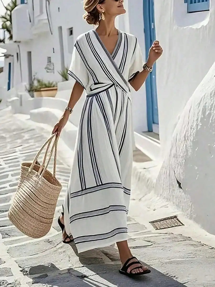 V-Neck Striped Wrap Dress Short Sleeve A-Line Midi Casual Summer Dress