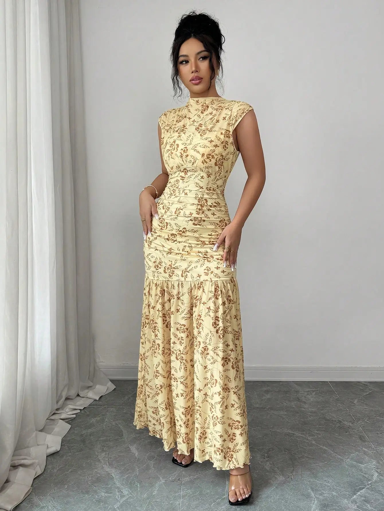 Yellow Floral Print Ruched Waist Elegant Floor-Length Dress For Women