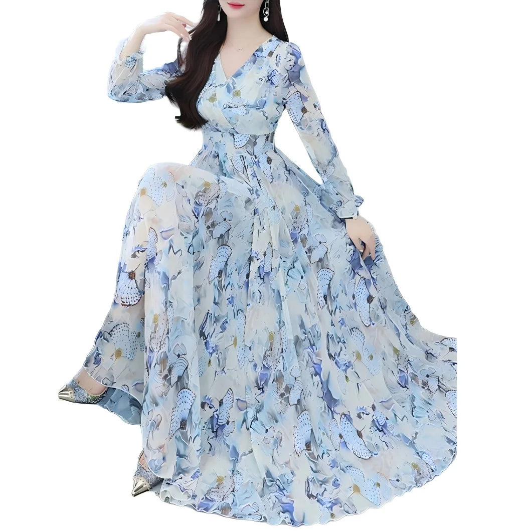Vacation Style Women Summer V Neck Long Sleeve Butterfly Print Flared Hem Maxi Dress