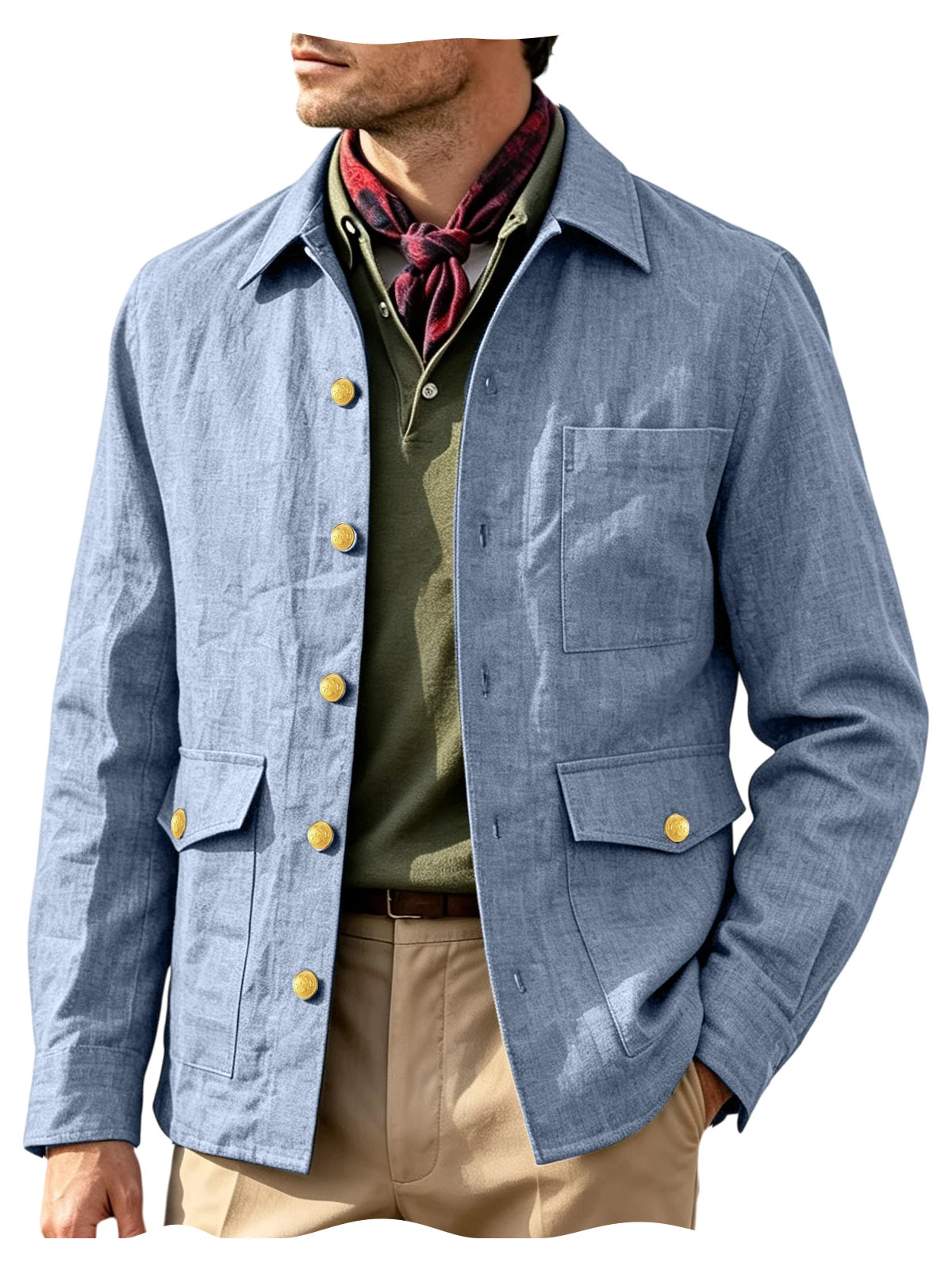 Mens Vintage Linen Jacket With Breathable Gold Button Lapel Design