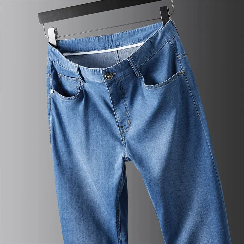 BROWON Brand Silk Men Jeans 2026 Summer Thin Straight Business Casual Pants Mid Waist Solid Color Fashion Jeans for Men Clothes