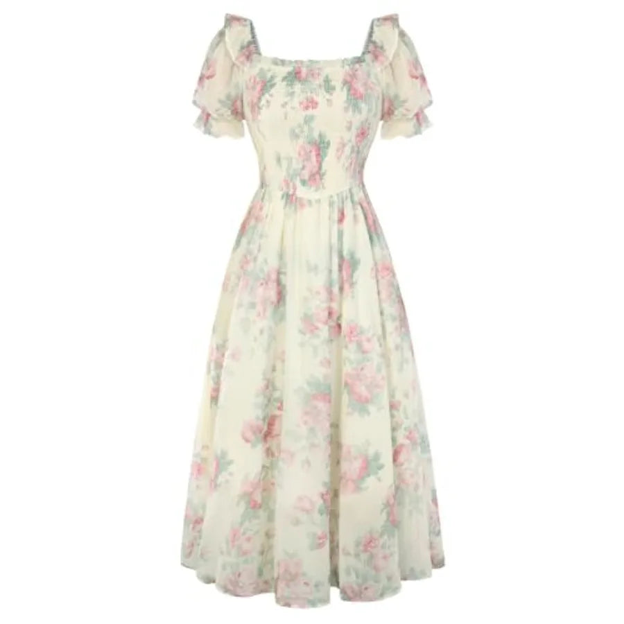 Scarlet Darkness Floral Dress for Women Summer Puff Sleeve Square Neck A Line Flowy Wedding Guest Tea Party Dresses