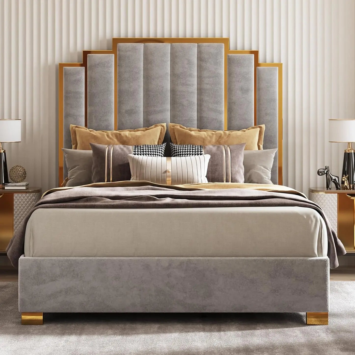 Queen Size Upholstered Bed, Modern Velvet Bed Frame with 61.4” Tall Gold Trim Headboard, No Box Spring Needed, Cream, Customized