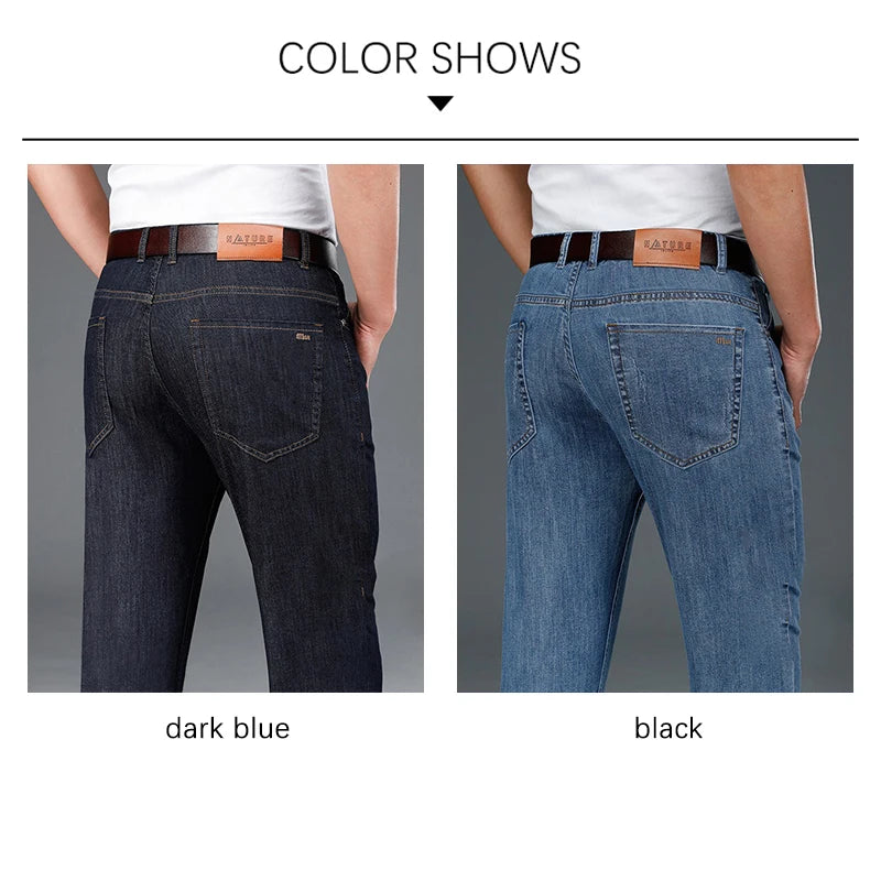 BROWON Brand Smart Casual Mens Denim Pant Straight Full Length Mid Waist Thin Soft Business Summer Jeans for Man