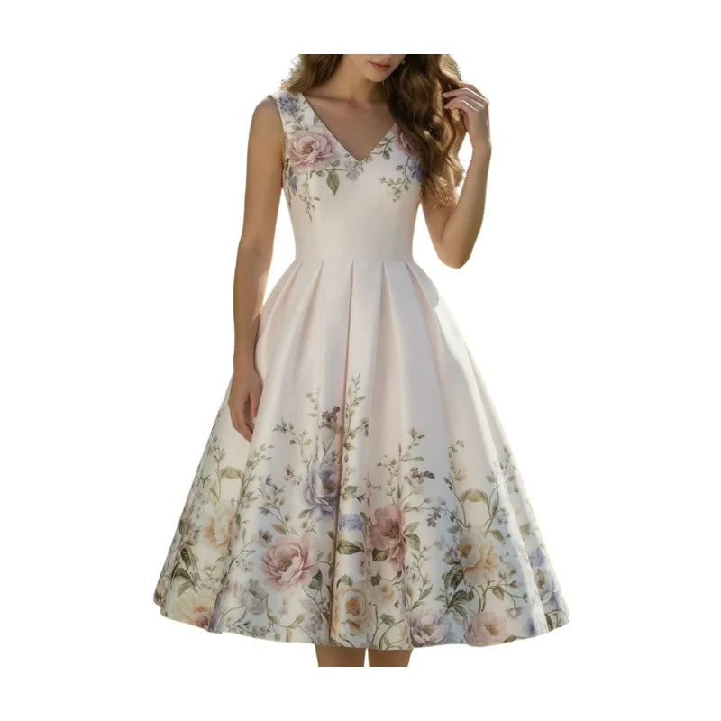 Women's V Neck Sleeveless All Over Floral Print Pleated Swing Midi Dress For Wedding Guest Garden Party Dinner Daily Fashion Occasions