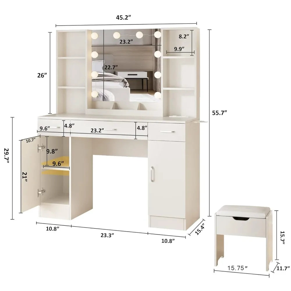 Makeup Vanity Table with Lighted Mirror & Power Strip, Large Vanity Set Vanity Desk with Storage Stool, 3 Lighting, Customized