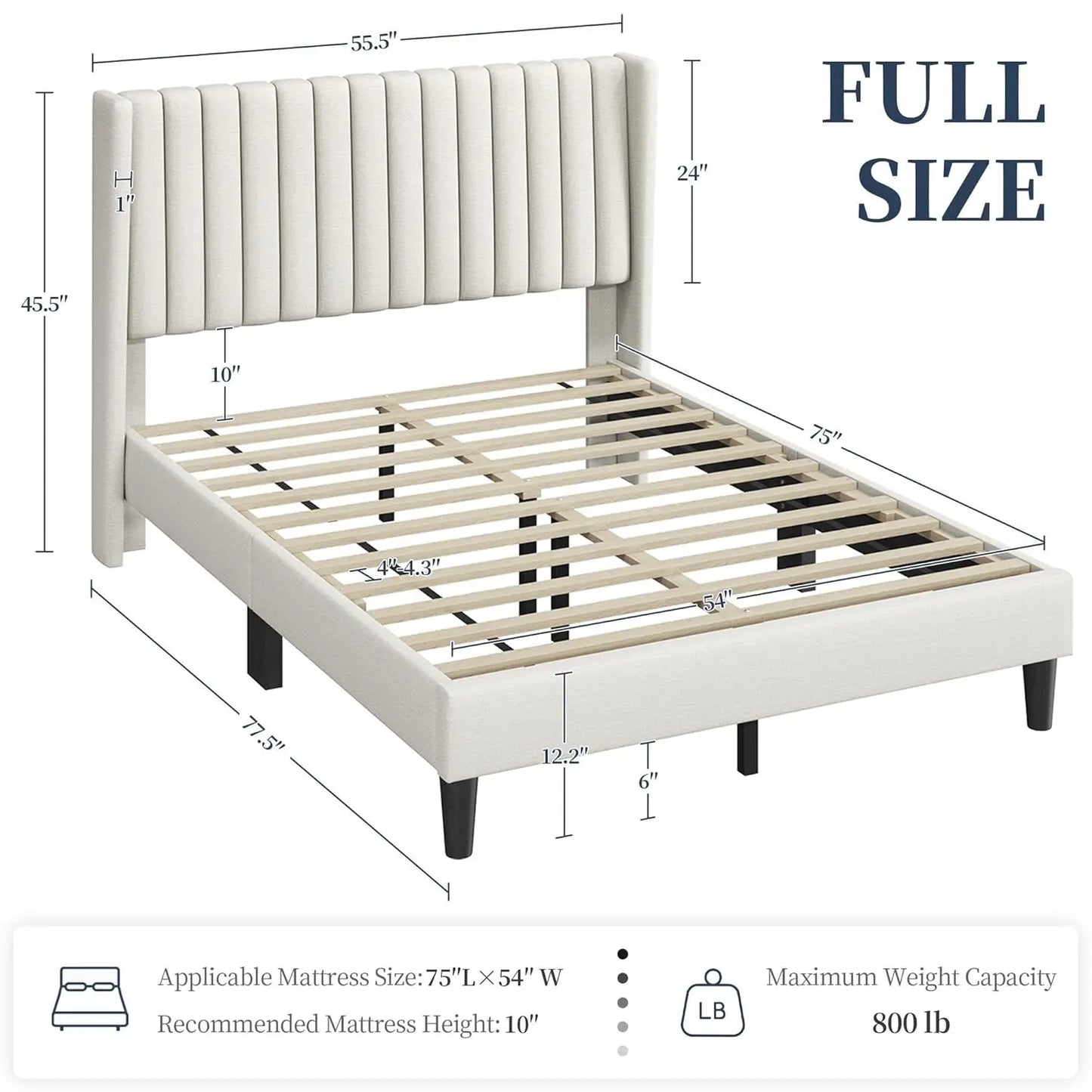 Full Bed Frame Upholstered Platform Bed with Fabric Headboard, Wing Edge Design/Non-Slip and Noise-Free/Wooden, Customized