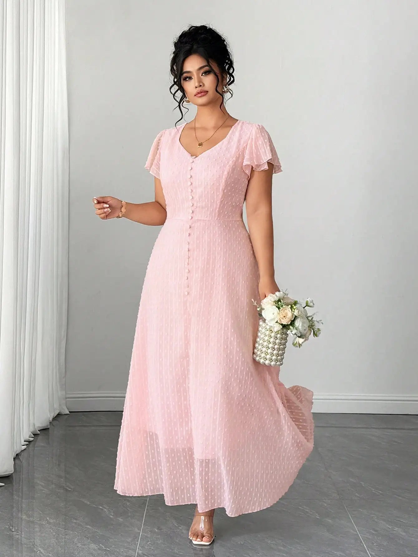 V-Neck Ruffle Sleeve A-Line Midi Dress For Women Spring Autumn