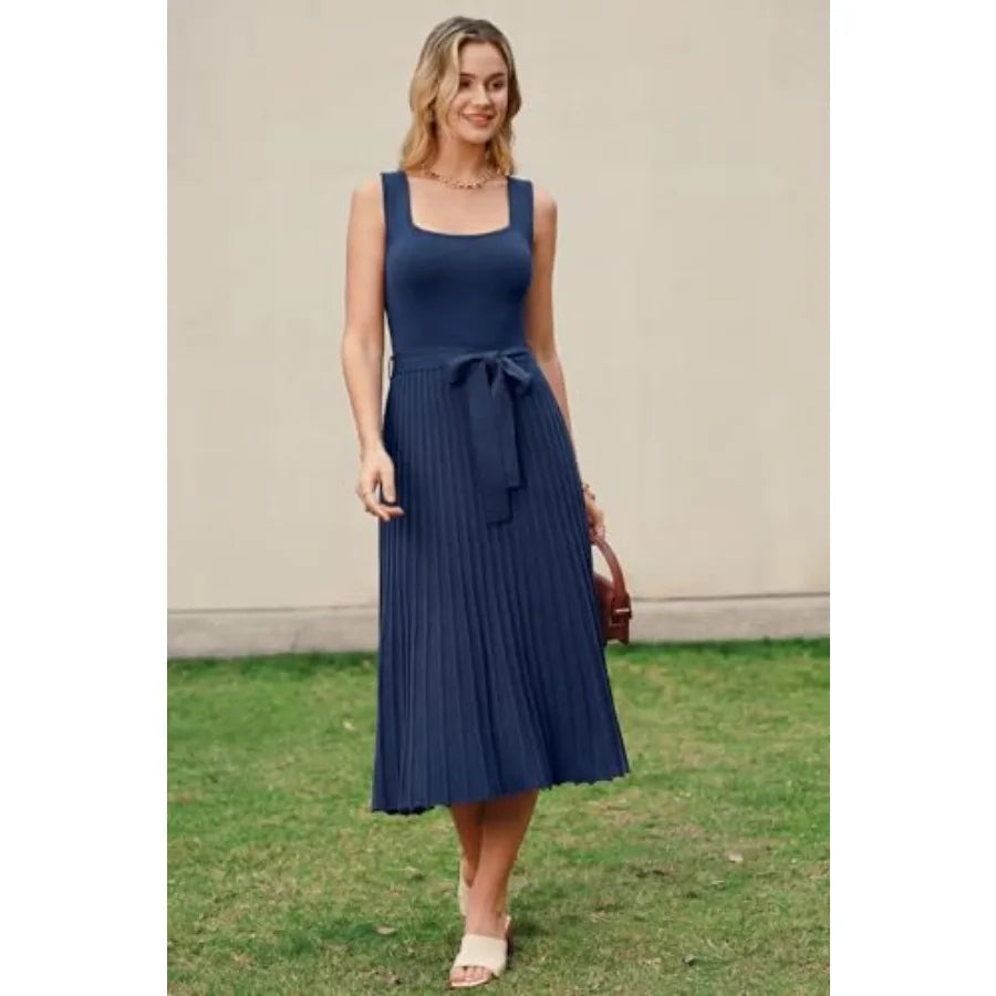 ArachandCloz Women's Wool Blend Square Neck Tie Waist Pleated Summer Sweater Dress 2026