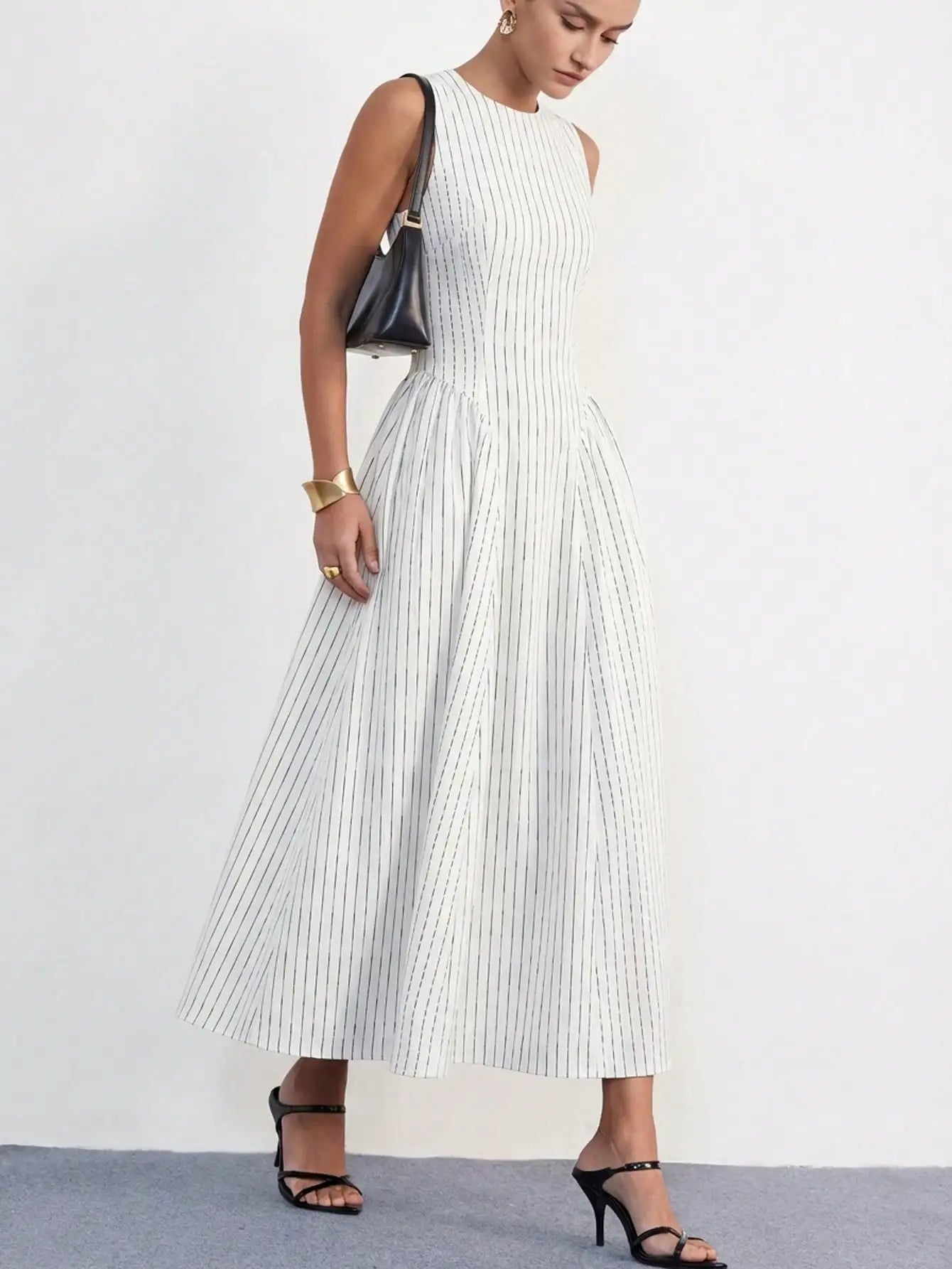 Sleeveless Pinstripe Princess Dress With Ruched Flared Skirt Round Neck Waist Cinched Elegant Midi Dress