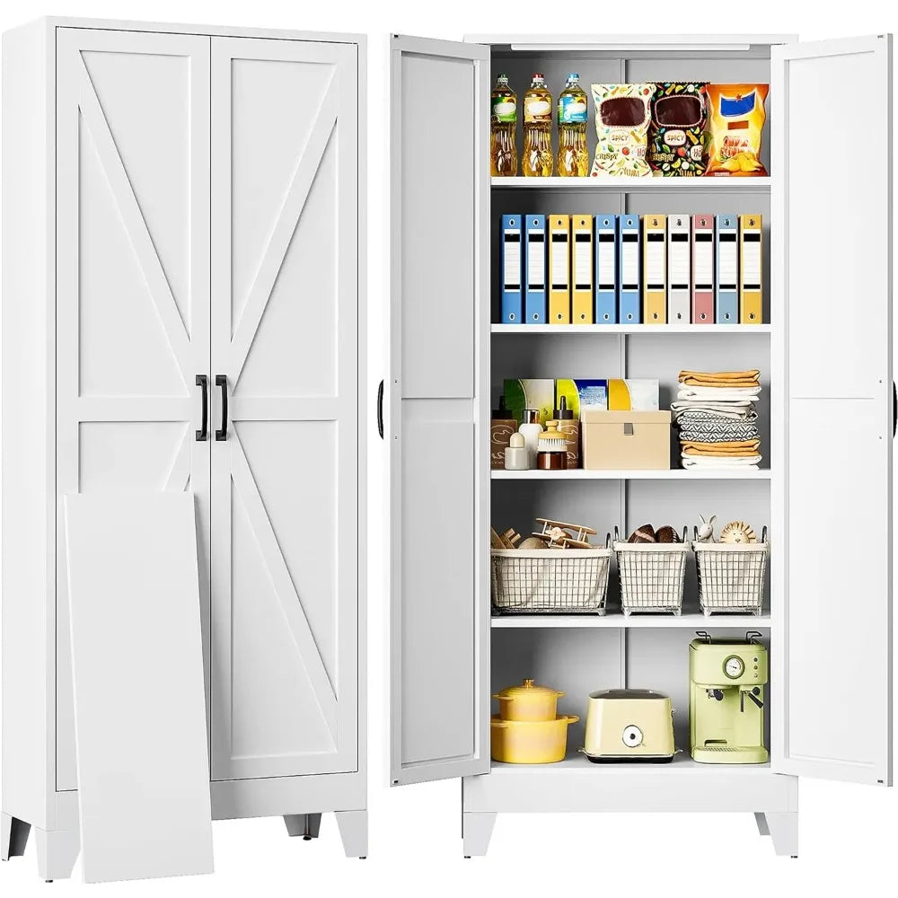 72" Tall Pantry Storage Cabinet with 2 Doors 5 Shelves Farmhouse White Cupboard for Kitchen Bathroom Living Room, Custom