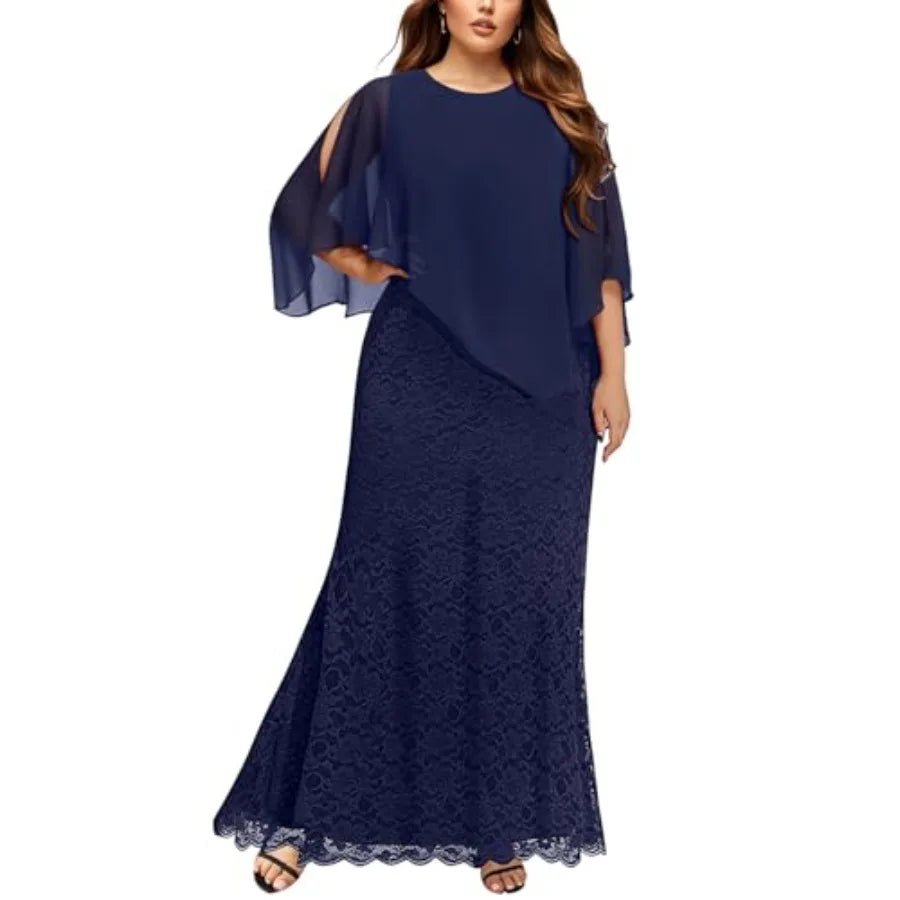 Women's Size Cape Dress with Chiffon Overlay Gown Formal Evening Lace Long Mermaid Dresses