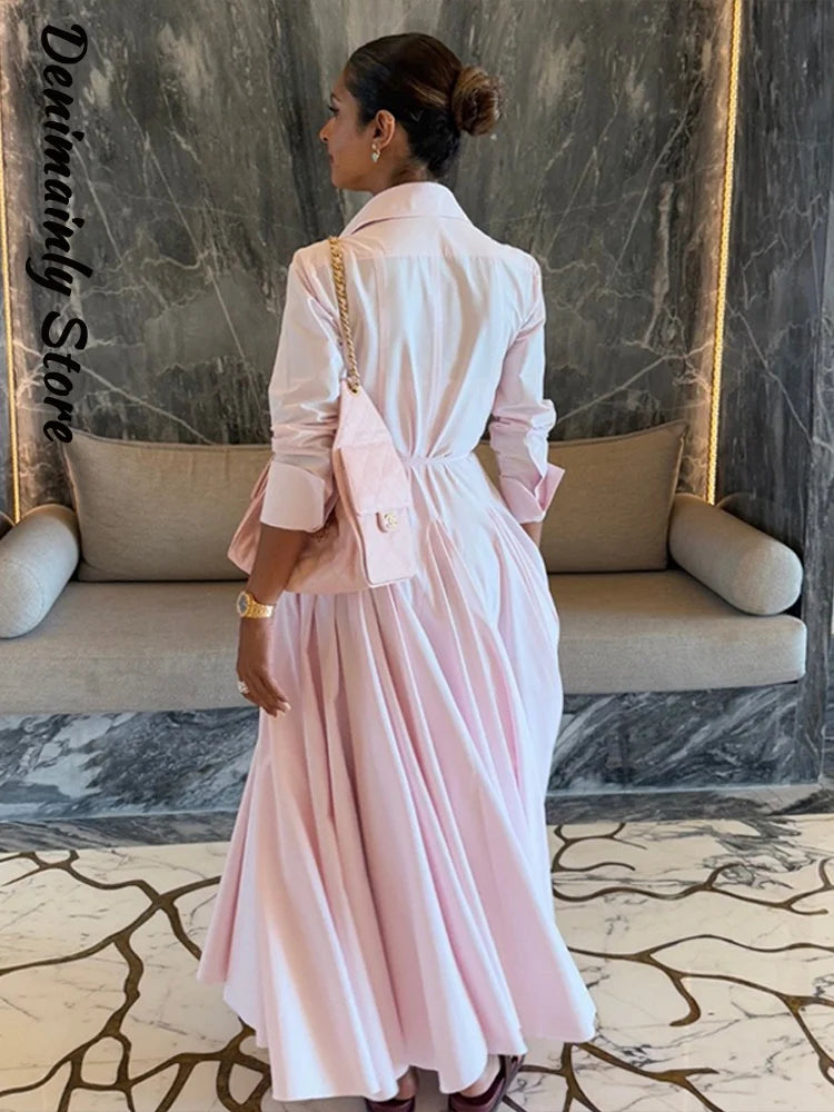 Casual Striped Women Summer Dress Lapel Single Breast Half Sleeve Slim Waist Long Dresses 2026 Autumn Lady Fashion Vacation Robe