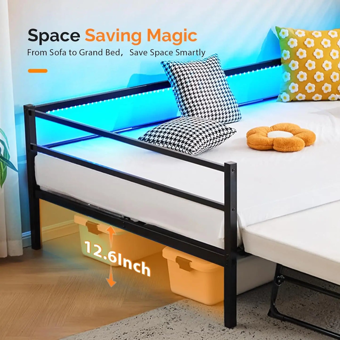 Metal Twin Daybed with Pop Up Trundle Bed, Day Bed Frame with Charging Station and LED Lights for Living Room Guest, Customized