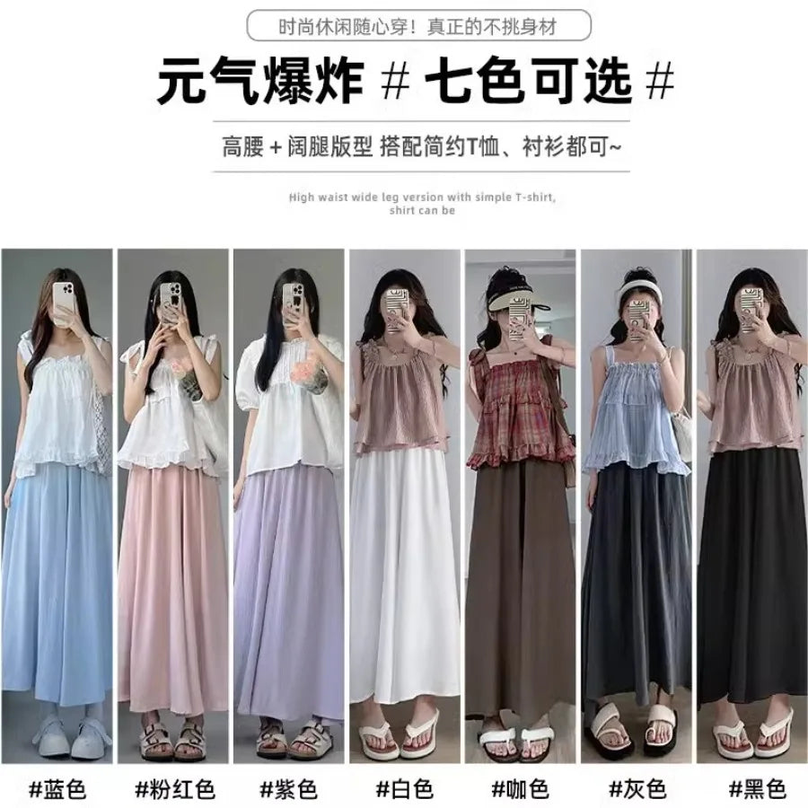 【HOT】A-line big swing culottes summer forest texture pleated skirt small man lazy mid-style long dress pleated