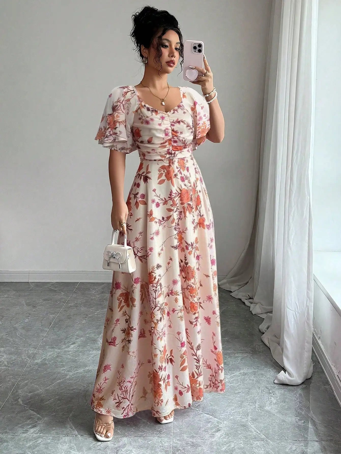 Women's Chiffon Butterfly Print Ruched Square Neck Batwing Sleeve Maxi Dress