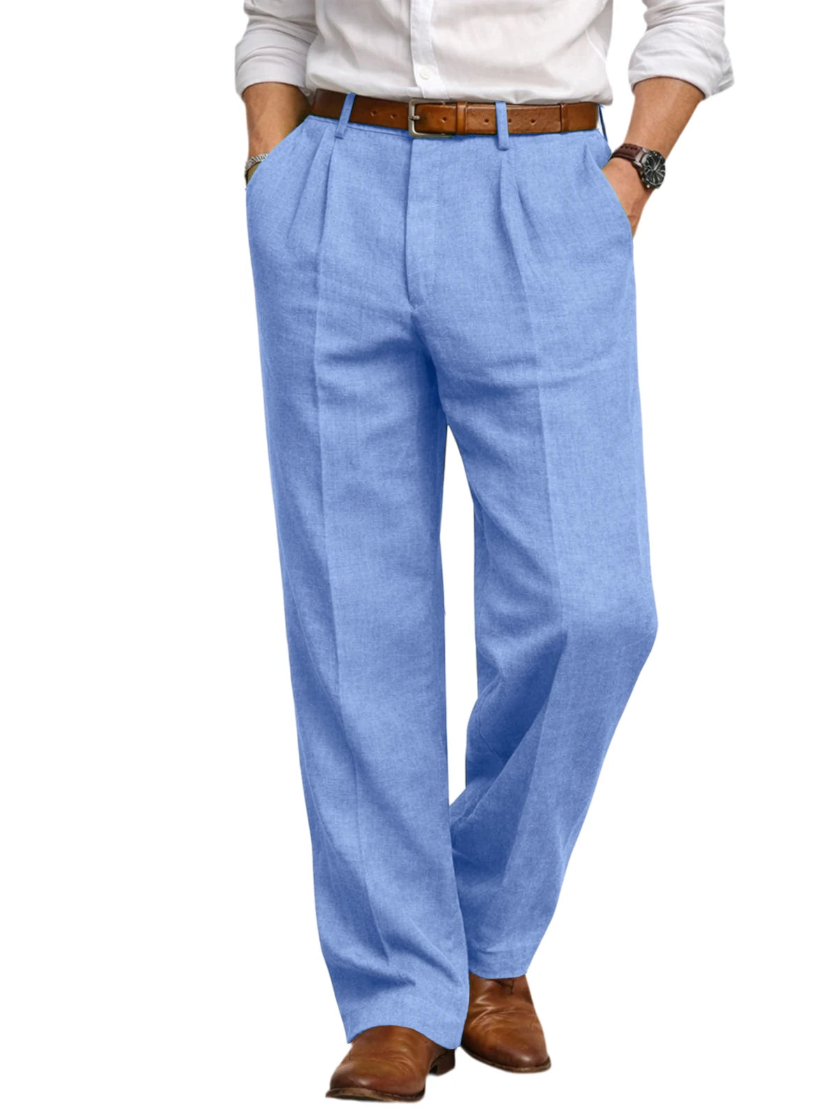 Men's Summer Linen Suit Pants High Waist Pleated Wide Leg Casual Trousers Business Formal  Breathable Loose Fit Straight Pants