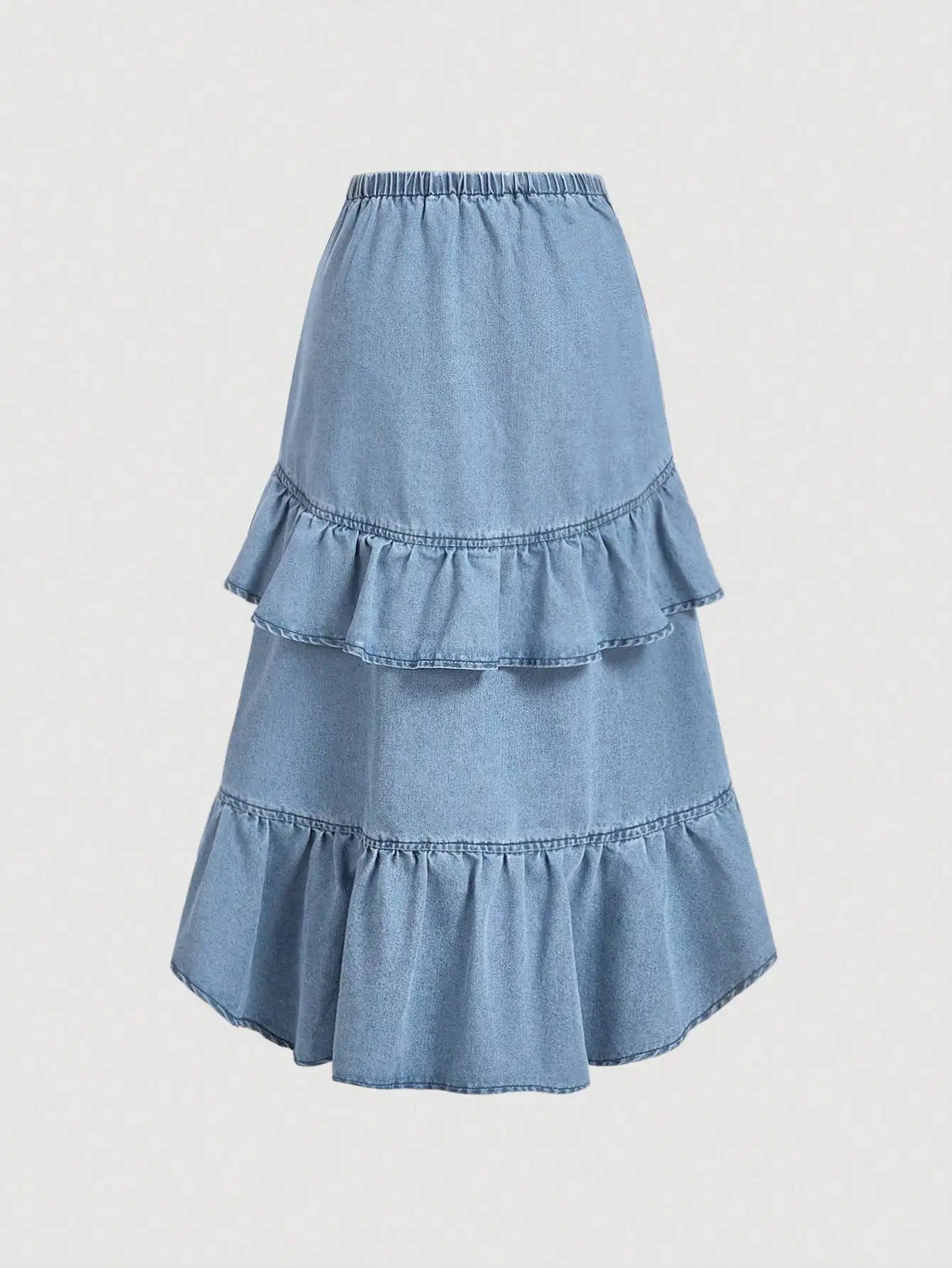 Women's Denim Skirt with Tiered Ruffles and Drawstring Waist