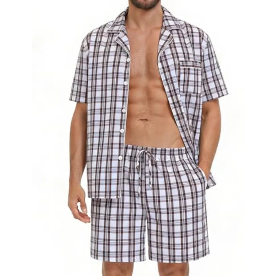 SWOMOG Mens 100% Cotton Pajama Set 2Pcs Button Down Pjs Set Short Sleeve Sleepwear with Pocket Soft Summer Stripe Nightwear
