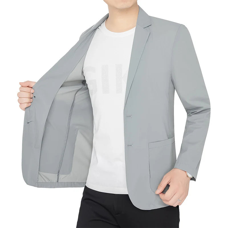 BROWON Brand Summer Men Blazers Gray Solid Color Thin Anti Wrinkle Quick Drying Soft Business Suit Blazer Jacket for Man