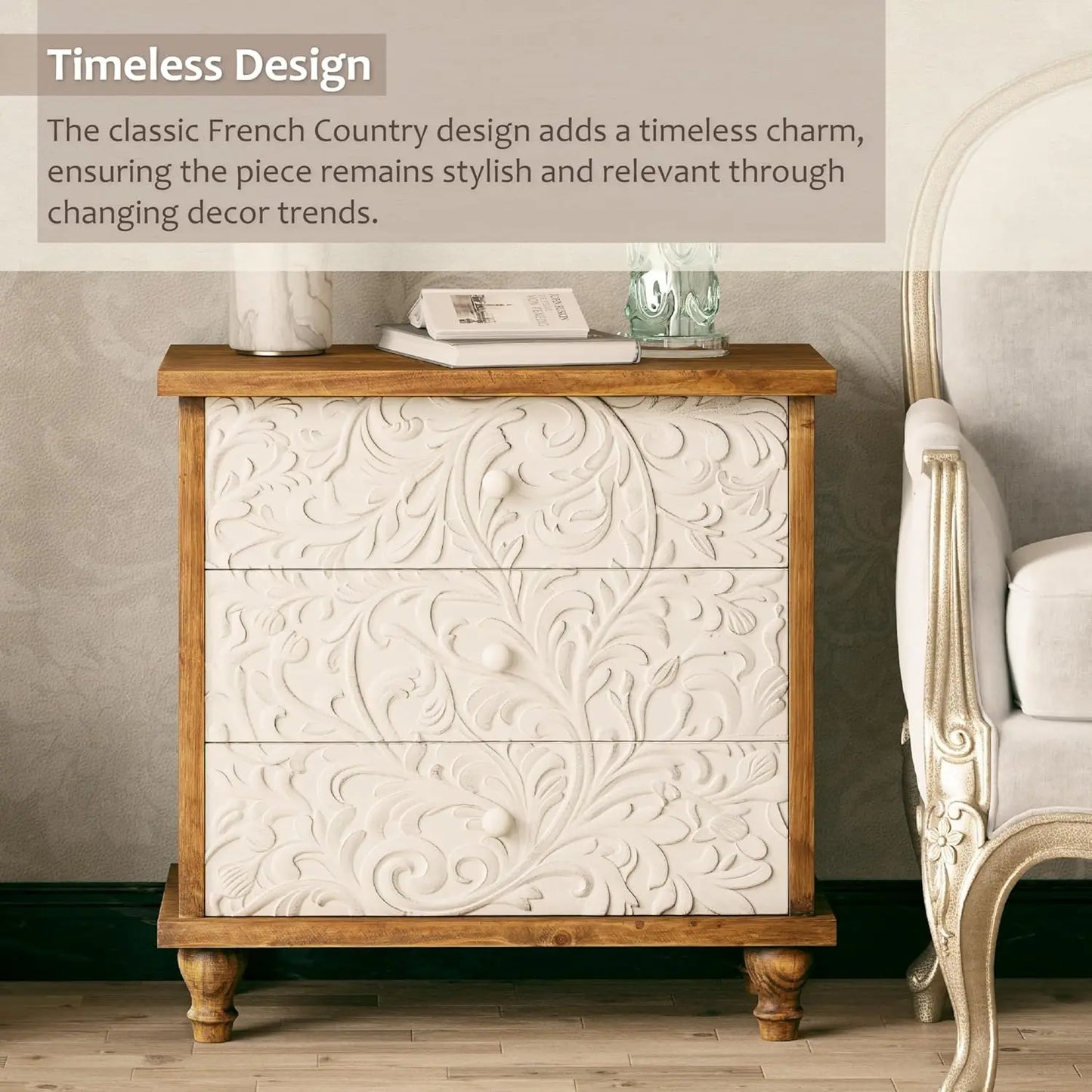 3 Drawer Farmhouse Dresser with Embossed Weathered Flower Motif, Vintage Nightstand for Bedroom, Almost, Customized