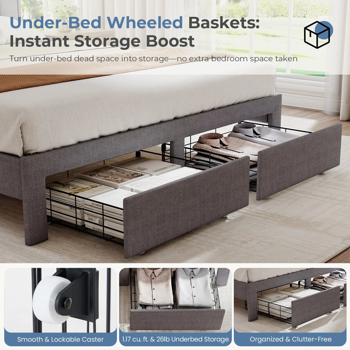 JHK Wood Bed Frame with 2 Storage Drawers Fabric Headboard Upholstered Platform Bed Frame Wooden Slats Support 1323 lbs Weight Capacity No Box Spring Needed Easy Assembly