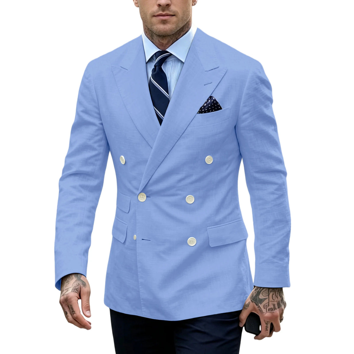 Men's Double Breasted Blazer Slim Fit Linen Suit Jacket Formal Business Casual Tuxedo for Wedding Prom Office Party Daily Wear
