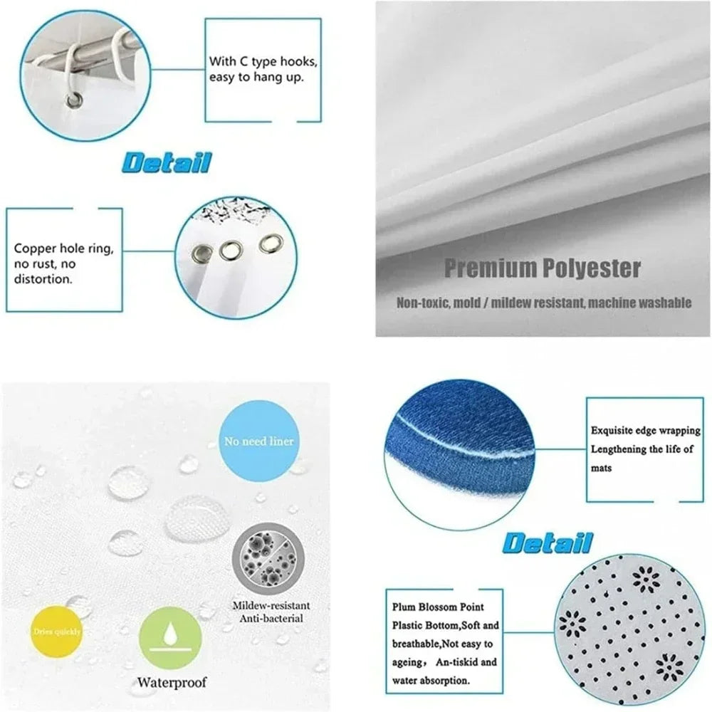 Shower Curtain Set With Bath Mat And U Shape Toilet Lid Cover