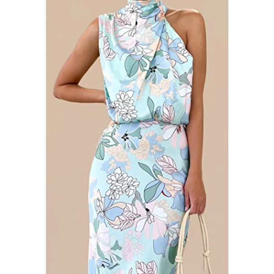 PRETTYGARDEN Women's 2026 Summer Satin Dress Elegant Sleeveless Mock Neck Cocktail Party Maxi Dresses