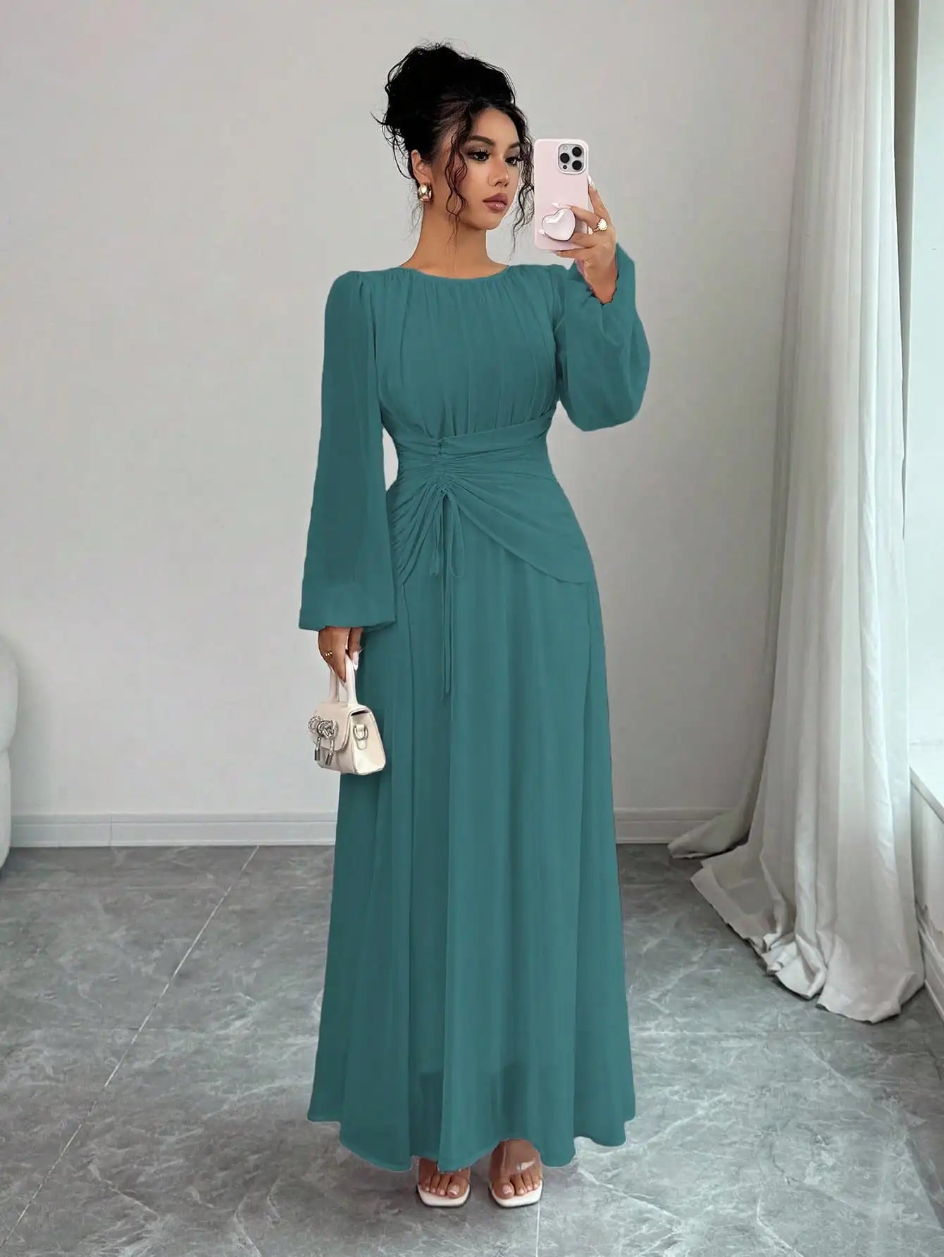 Women's Spring Summer Romantic Elegant Ruched Waist A-Line Long Sleeve Maxi Dress