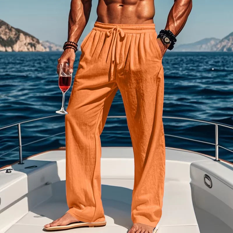Men's Linen Casual Pants Elastic Drawstring Waist Wide Leg Trousers Summer Breathable Loose Fit Beach Pants Holiday Daily Wear