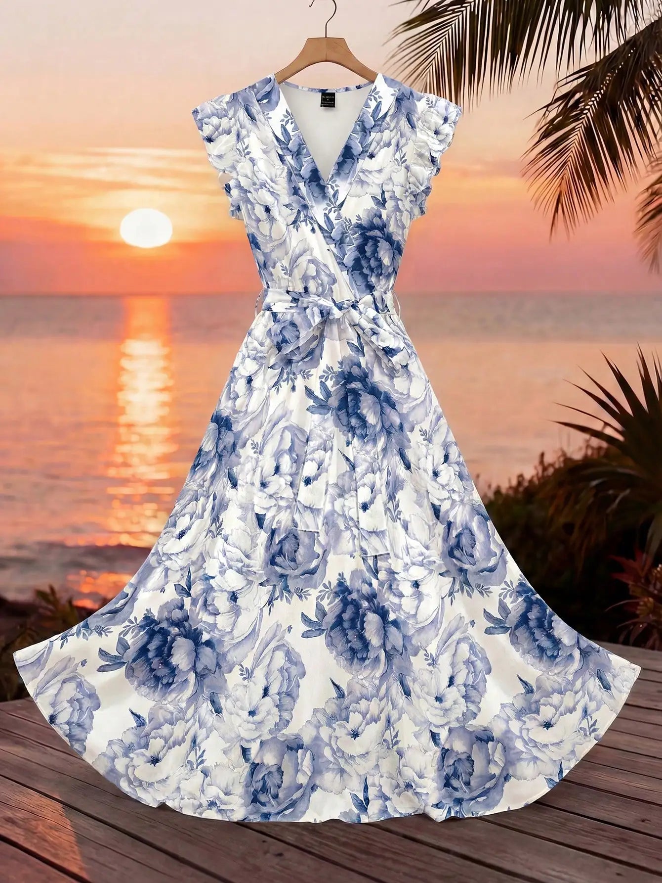 Elegant Floral Print Wrap Dress With Ruffle Sleeves And Sash Belt Summer