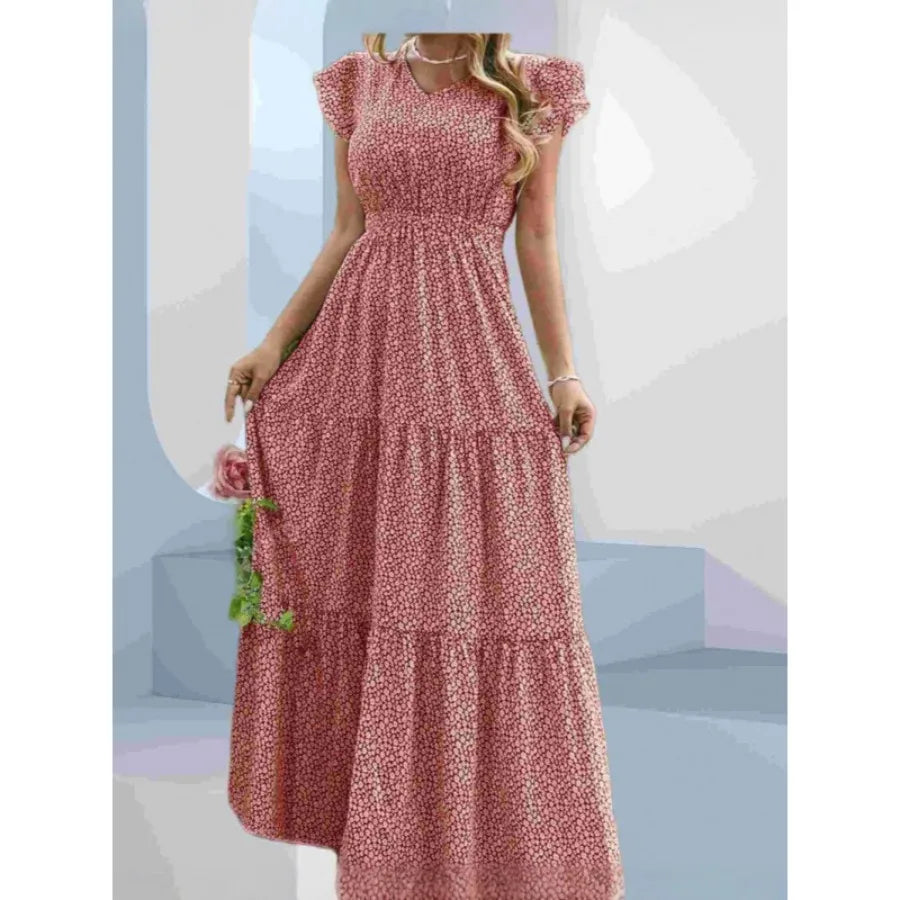 【New style】European and American - women's dress  hot V-neck high-waist printed layered short-sleeved dress floral