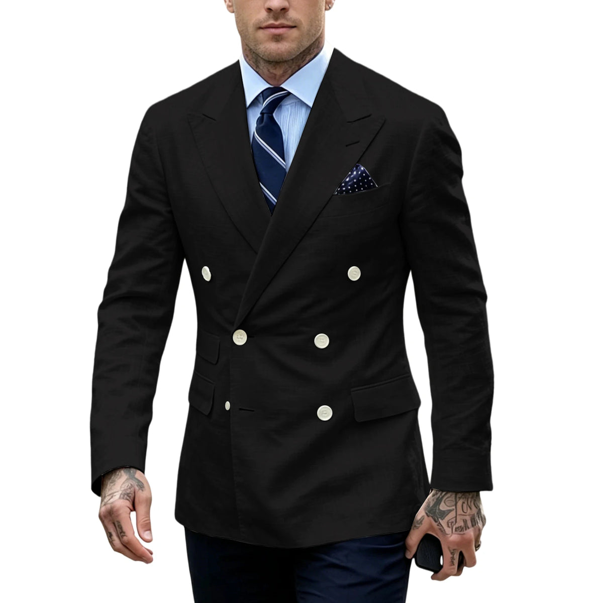 Men's Double Breasted Blazer Slim Fit Linen Suit Jacket Formal Business Casual Tuxedo for Wedding Prom Office Party Daily Wear