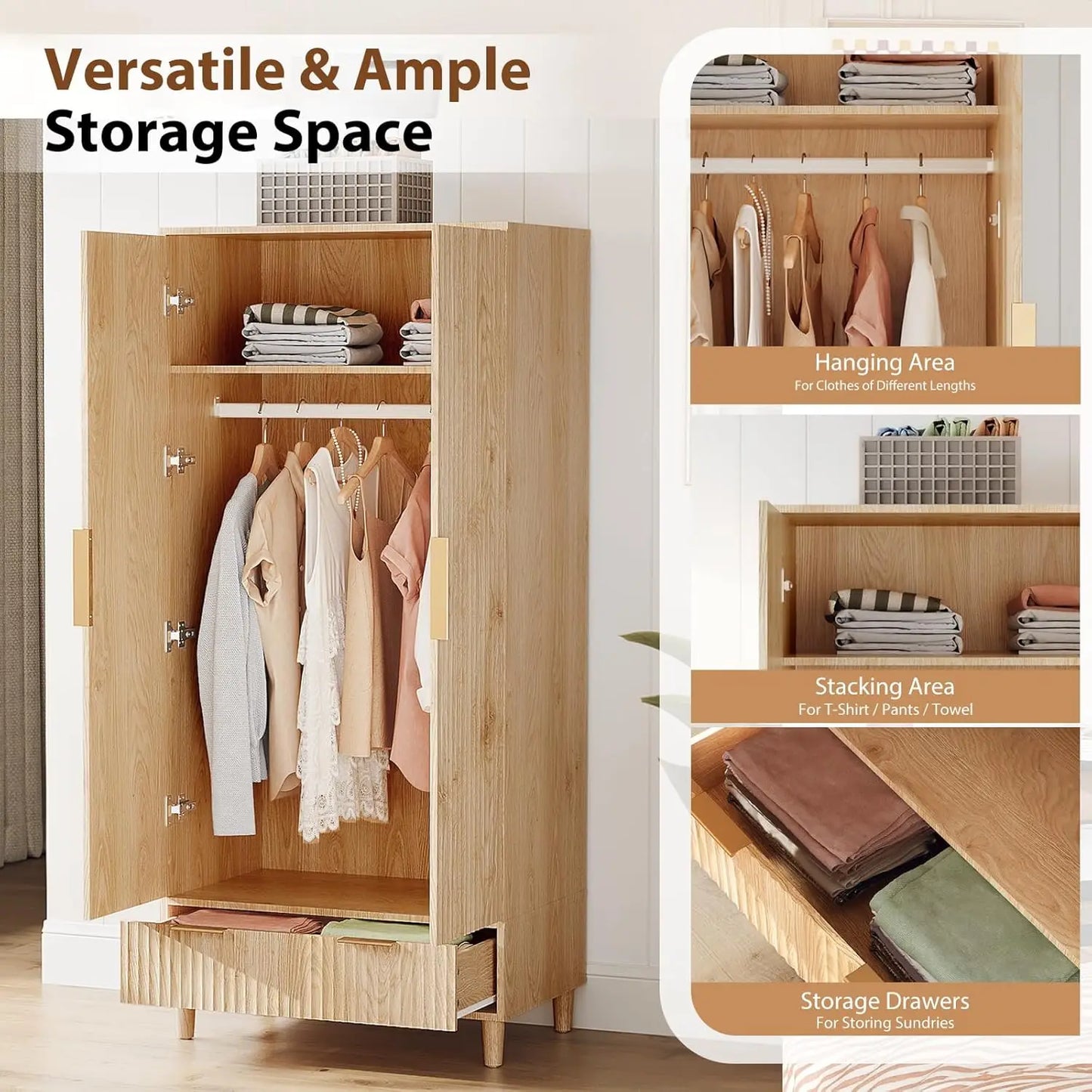 Fluted Wardrobe Closet Armoire with Doors And Drawers, Wardrobe Cabinet with Hanging Rack, Bedroom Closet Wood, Oak, Customized