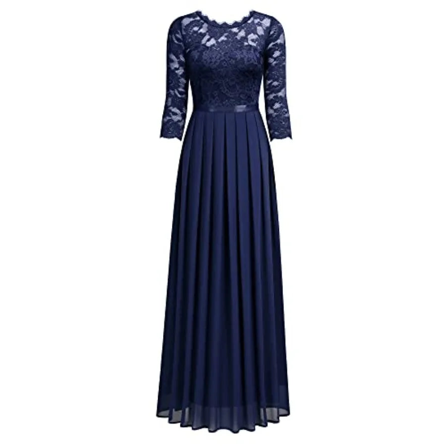 Women's Elegant Floral Lace 3/4 Sleeve Bridesmaid Formal Maxi Dress