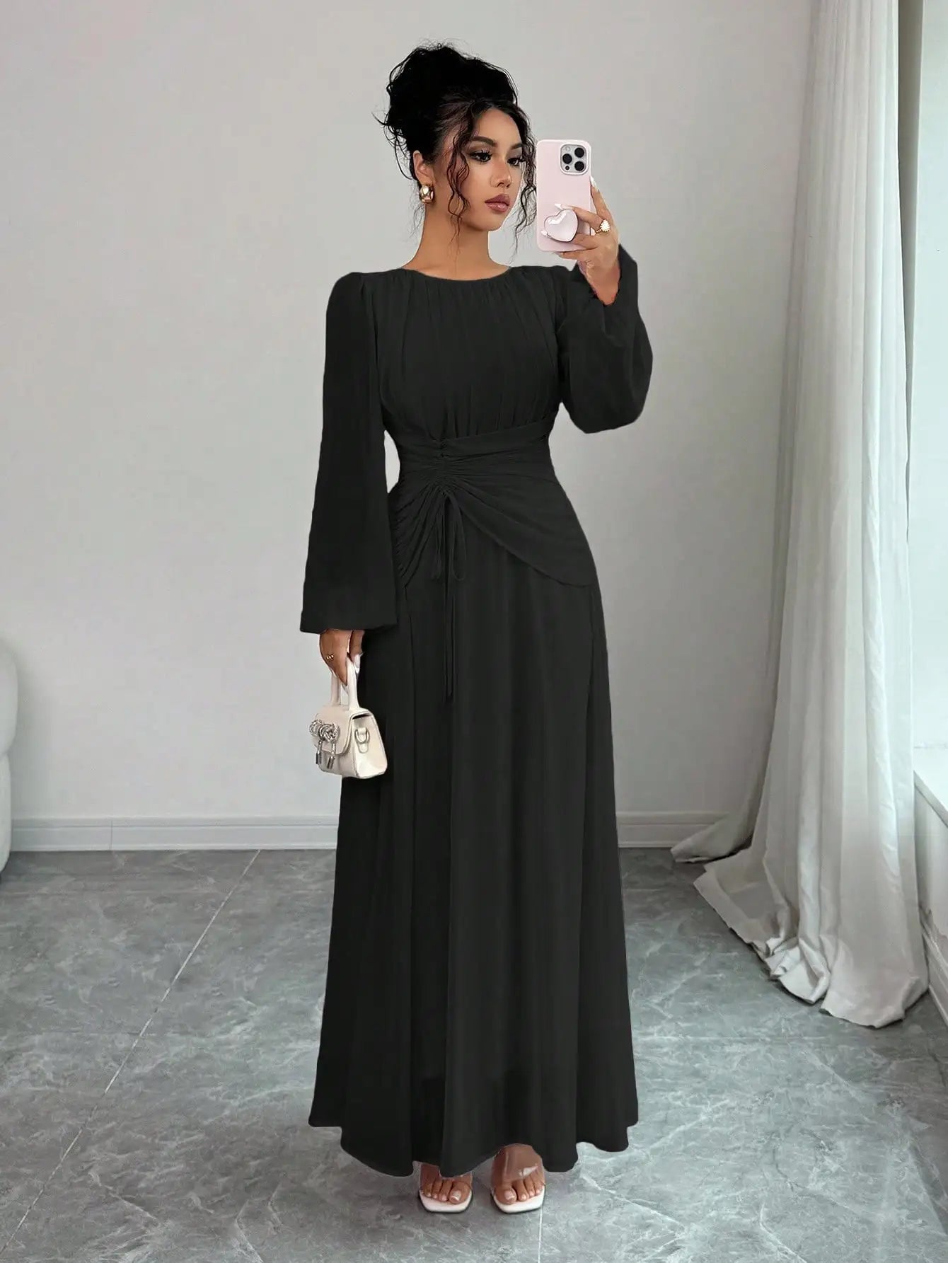 Women's Spring Summer Romantic Elegant Ruched Waist A-Line Long Sleeve Maxi Dress