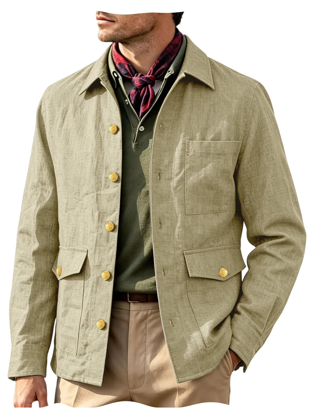 Mens Vintage Linen Jacket With Breathable Gold Button Lapel Design
