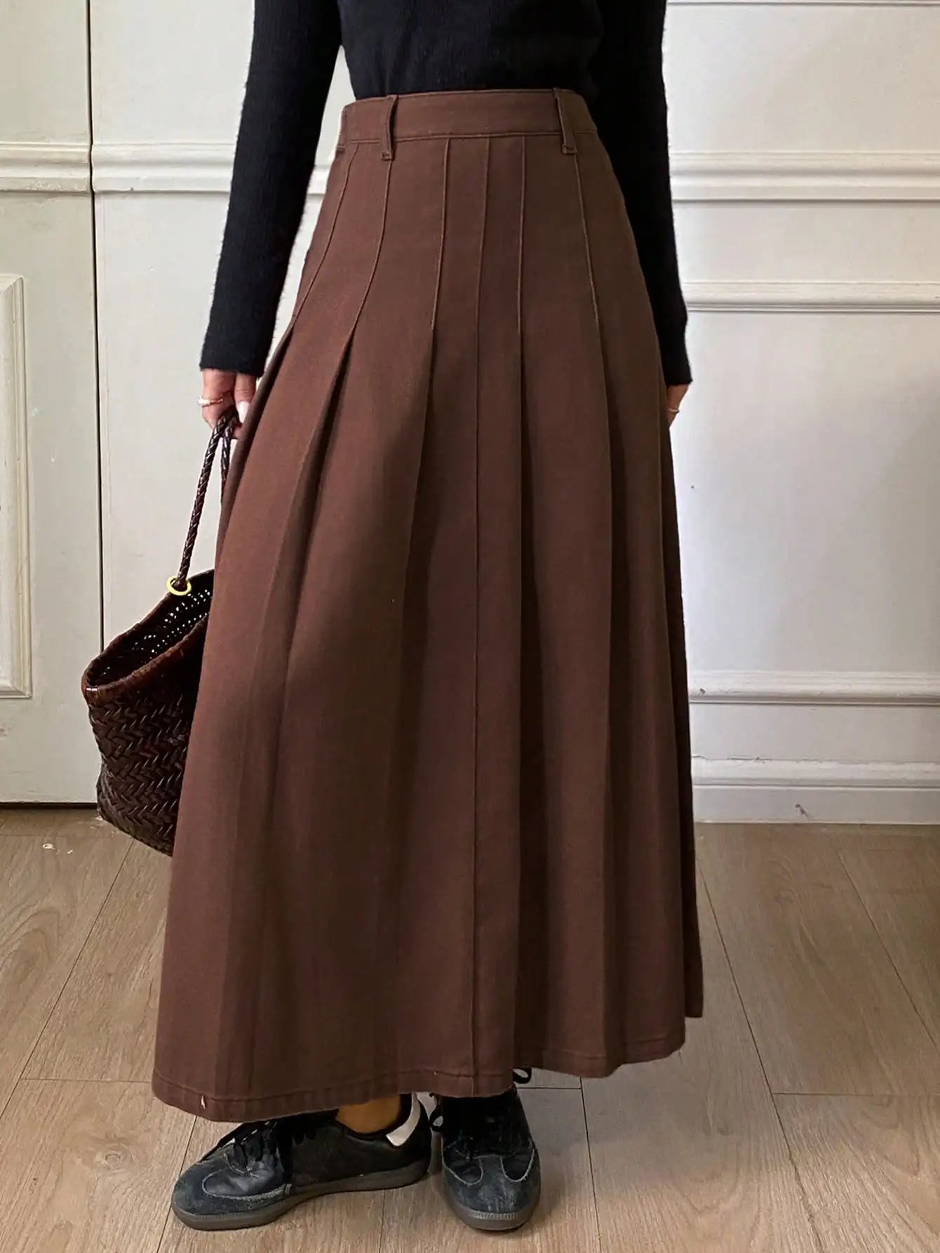 Women's Washed Pleated A-Line Skirt in Brown, Autumn Casual Style