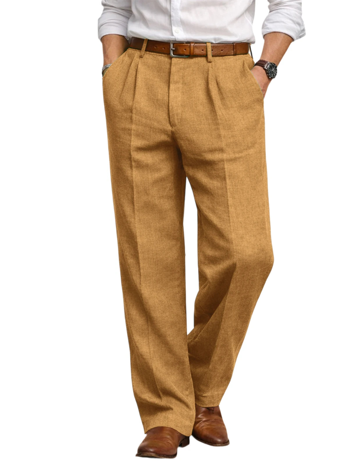 Men's Summer Linen Suit Pants High Waist Pleated Wide Leg Casual Trousers Business Formal  Breathable Loose Fit Straight Pants