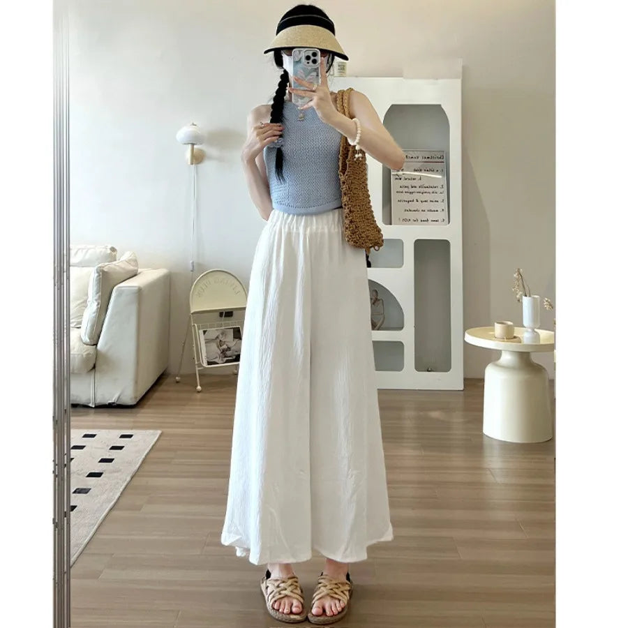 【HOT】A-line big swing culottes summer forest texture pleated skirt small man lazy mid-style long dress pleated