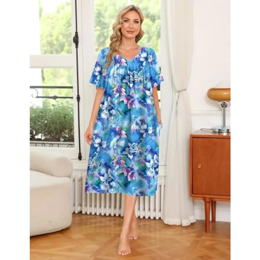 Ekouaer 2 Pack House Dresses for Women with Pockets Short Sleeve Moo Moos Floral Print Mumu Dresses