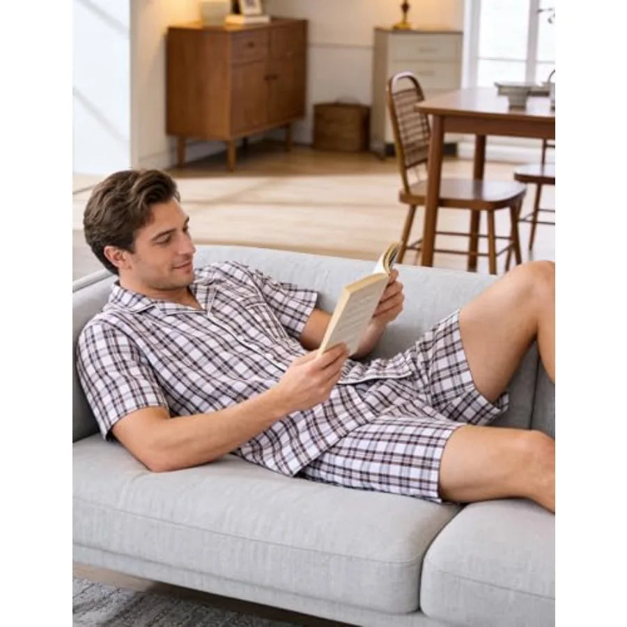 SWOMOG Mens 100% Cotton Pajama Set 2Pcs Button Down Pjs Set Short Sleeve Sleepwear with Pocket Soft Summer Stripe Nightwear