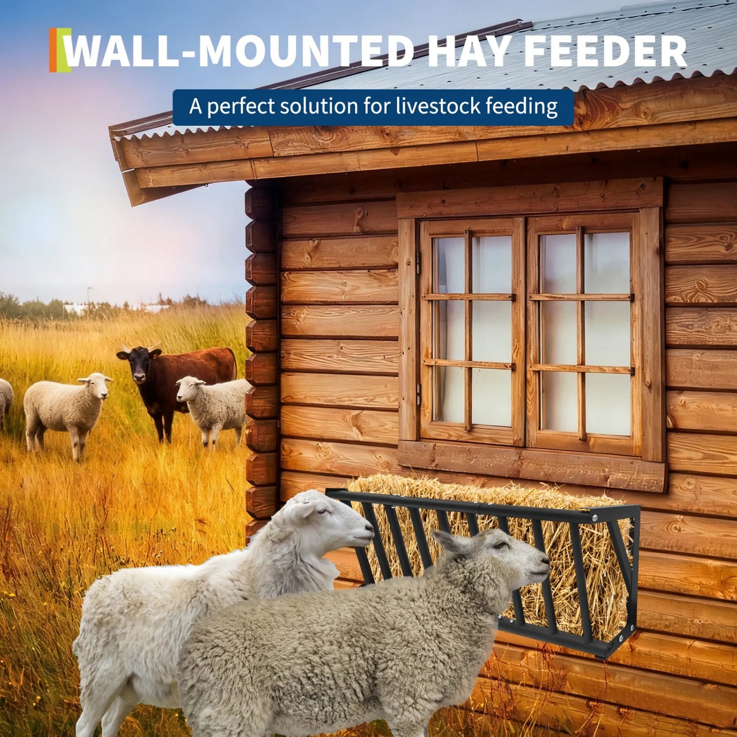 Wall Mount Hay Feeder Rack, Heavy Duty Carbon Steel Hay Holder, Large Capacity for Horses Goats Cattle Sheep Livestock,Farm Use