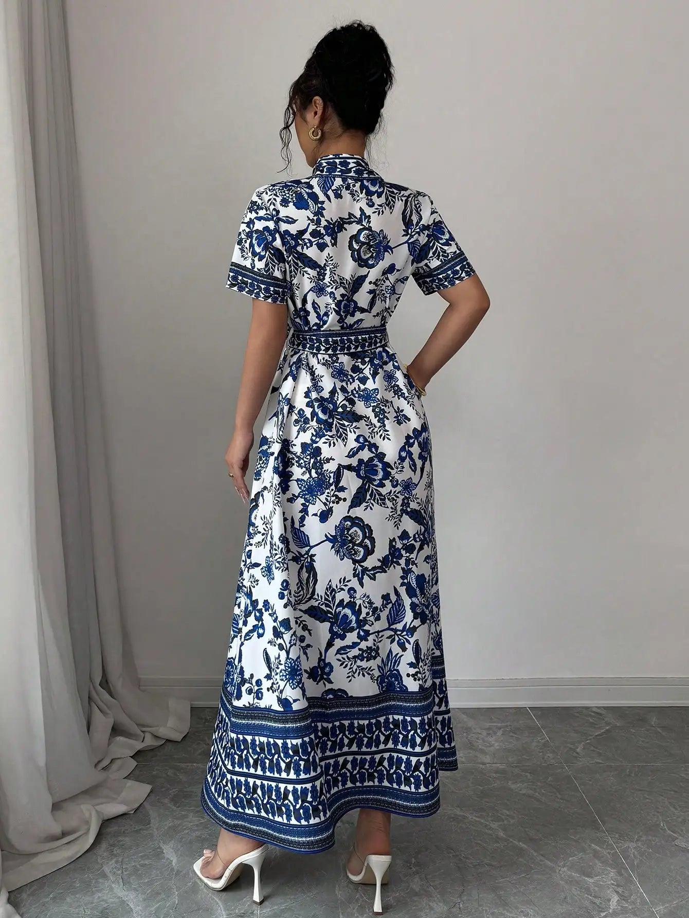 Casual Vacation Collared Button Up Porcelain Floral Print Flare Dress