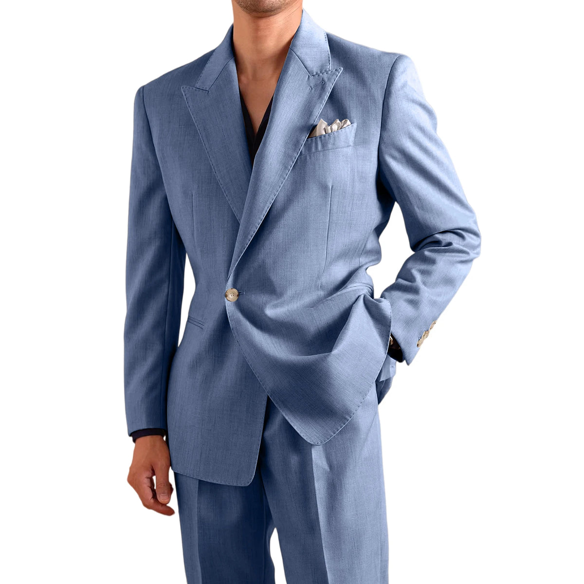 Men's Lightweight Linen 2-Piece Suit Set Peak Lapel Single Button Blazer Trousers Slim Fit Formal Summer Wedding Business Casual