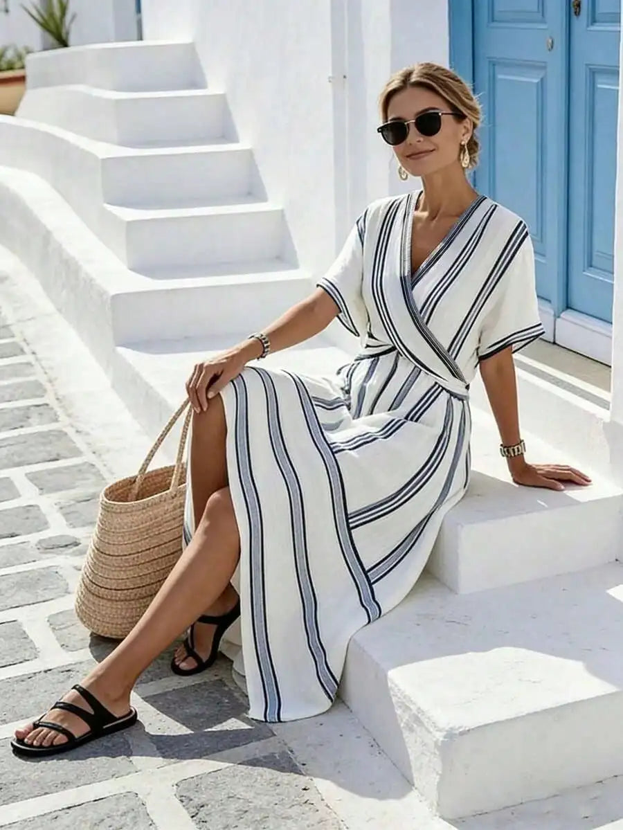 V-Neck Striped Wrap Dress Short Sleeve A-Line Midi Casual Summer Dress