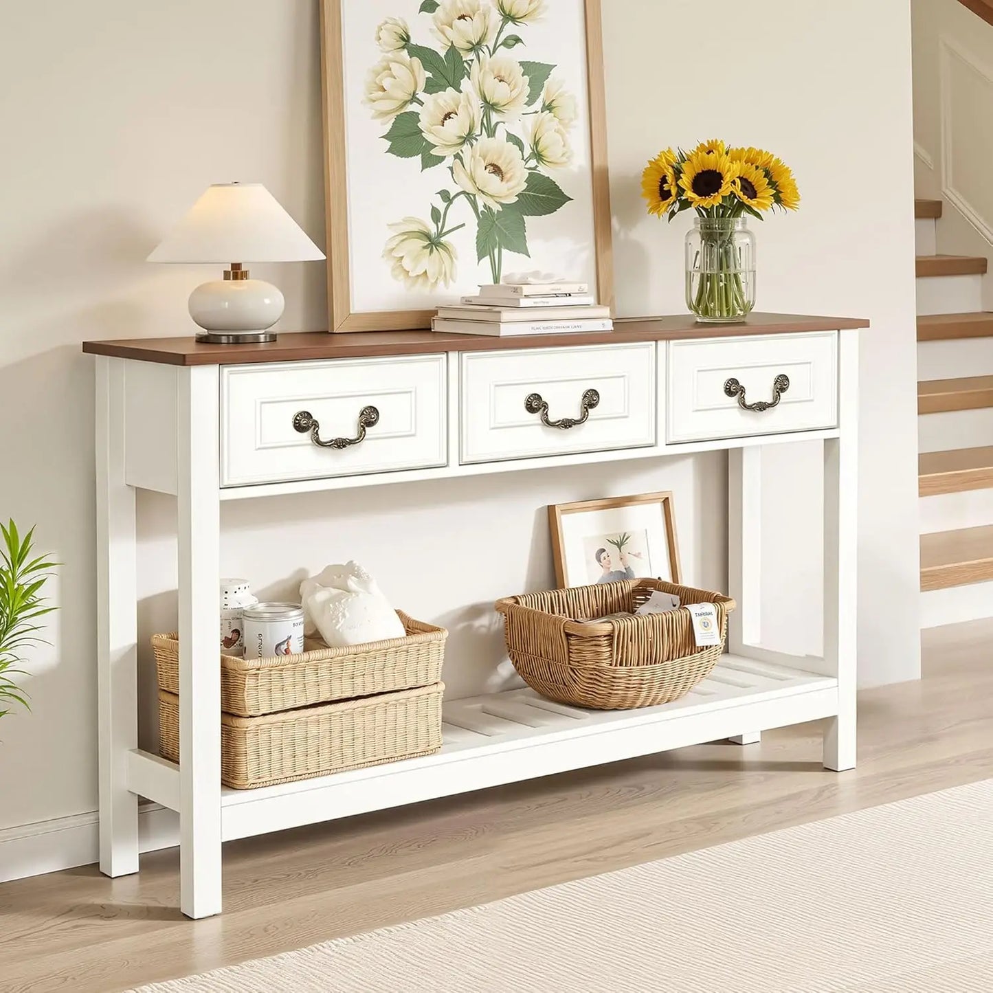 Farmhouse Sofa Table With Drawers For Entryway And Living Room