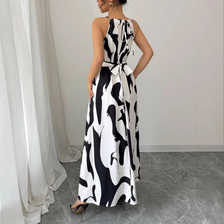 2026 European and American - fashion temperament floral hanging neck long dress
